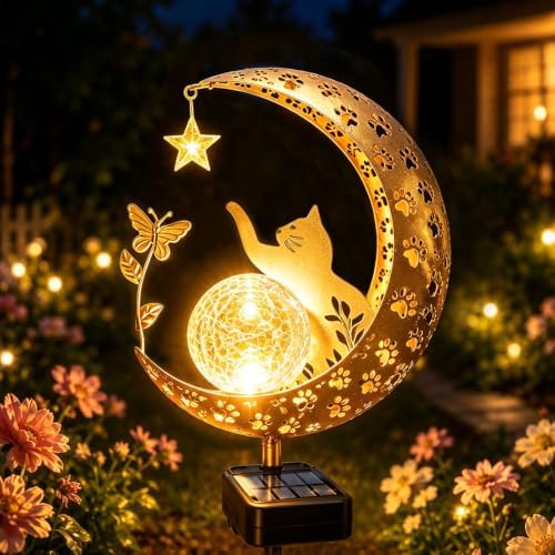 Solar Garden Decor Outdoor Statue, Moon Fairy Garden Figurines with Cat Design for Mom Women Grandma Solar Stake Lights for Patio, Yard, Lawn, Pathway (Warm White) by ZNYCYE