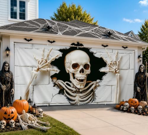 6 x 13 ft Halloween Garage Door Decorations Halloween decorations Witch Door Cover, Hanging Banner, Cauldron Backdrop Mural for Home, Outdoor, Indoor, Spooky Party, Wall, Window (Skull-2, 71x157 inch) - Image 2