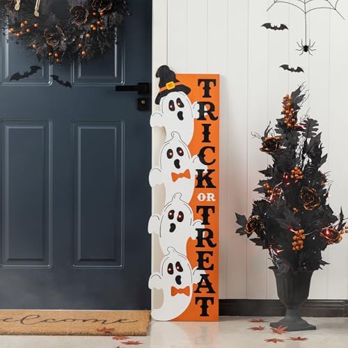 Glitzhome 42" H Lighted Halloween Wooden Stacked Ghost with Trick or Treat Porch Sign w/Timer 6h On/18h Off - Hang on Wall or Lean Against, Solid Wood Yard Sign for Indoor & Entryway Decor by Glitzhome