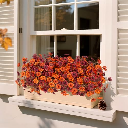 Ammyoo Fall Mums Artificial Flowers for Outdoors Potted, 12 Bundles Fake Fall Daisy Flower with Realistic Eucalyptus Leaves, Fake Plants for Greenery Boxwood Porch Patio Garden Pot Courtyard Lawn - Image 6