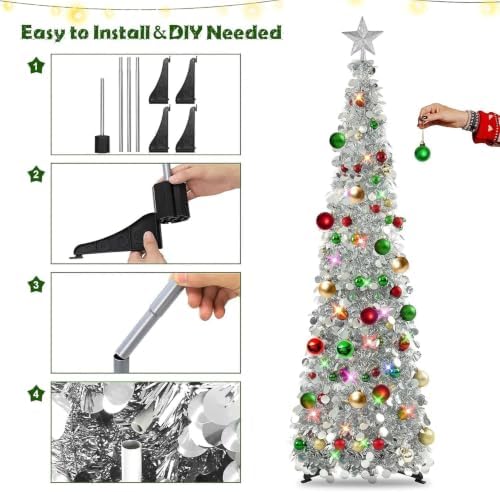 N&T NIETING Pop Up Christmas Tree with Lights & 30 Balls, 5Ft Collapsible Silver Tinsel Christmas Tree Decoration for Holiday Home Office Decor - Image 4