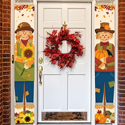 2 Pcs Thanksgiving Porch Sign Banner Fall Harvest Banner Autumn Scarecrow Maple Leaves Pumpkin Hanging Door Sign for Indoor Outdoor Home Party Decorations, 12 x 71 Inch - Image 7