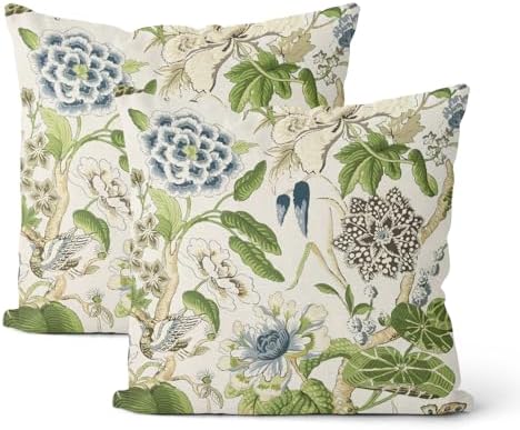 Sage Green Boho Pillow Covers 20x20 Inch 2 Pcs Blue Green Vintage Floral Bird Decor Throw Pillows Chinoiserie Flower Seasonal Outdoor Farmhouse Pillowcase Linen Cushion Cover for Couch Sofa by DAFENA