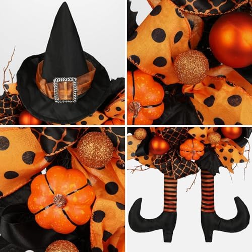 Halloween Wreath for Front Door 16" Tinsel Black Witch Wreath with Hat Legs and Orange Pumpkin for Fall Autumn Indoor Window Door Thanksgiving Halloween Decorations - Image 5
