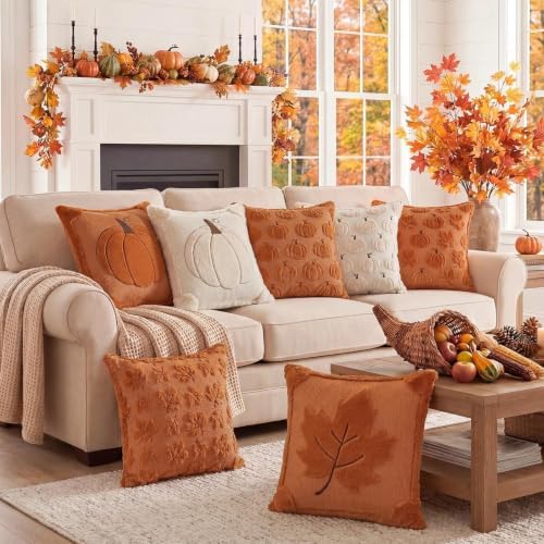 Fall Beige Pillow Covers 18x18 Set of 2 Double-Sided Pumpkin Plush - Image 6