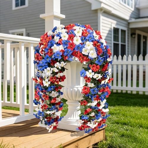 Artificial Hanging Flowers for Outdoors, 4 PCS 544 Blooms UV Resistant Morning Glory Faux Silk Vines, No-Odor Realistic Fake Plants for Garden Planter Porch Patio Decoration, Red Blue White - Image 2