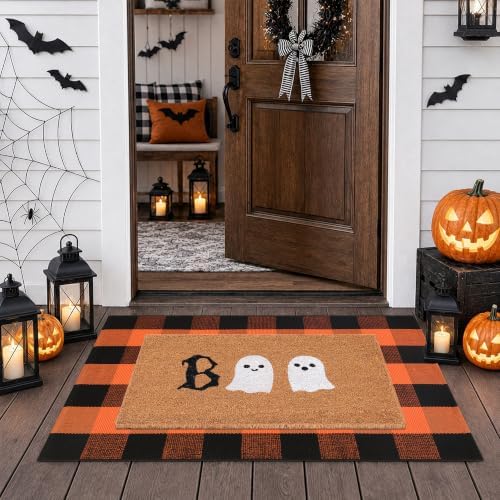 Halloween Door Mat Combo Set, Boo Ghost Coco Coir Welcome Doormat + 28" x 43" Black and White Plaid Rug, Autumn Halloween Front Porch Entryway Decor Floor Mat by Fallovea