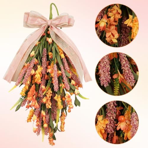 Set of 2 PCS Fall Swags with Artificial Flowers Berries for Front Door, Autumn Fall Teardrop for Indoor Outdoor, Harvest Thanksgiving Teardrops for Mailbox - Image 2