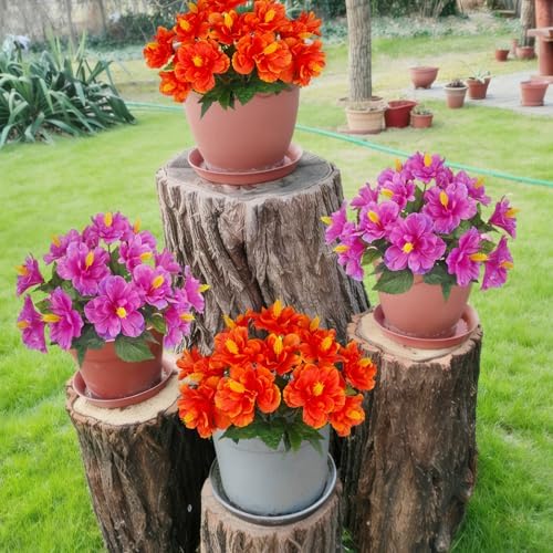 2 Pcs Artificial Outdoor Flowers Realistic Silk Fake Hibiscus Tropical Flowers Summer Fall Decoration UV Resistant Faux Plants for Outdoors Planters Outside Porch Patio Yard Garden Orange-Red - Image 4