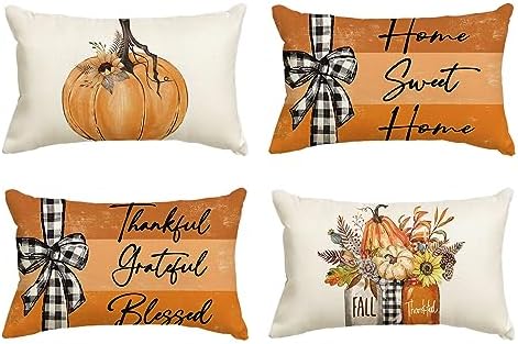 AVOIN colorlife Fall Pumpkin Home Sweet Home Throw Pillow Covers, 12 x 20 Inch Autumn Thankful Grateful Blessed Harvest Floral Orange Decorations for Sofa Couch Set of 4 by AVOINcolorlife