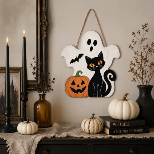 Halloween Decoration Wooden Sign, Ghost Halloween Front Door Hanger, Spooky Wooden Pumpkin Black Cat Sign for Indoor Outdoor Yard, Сute Ghost Home Decorations Signs - Image 4
