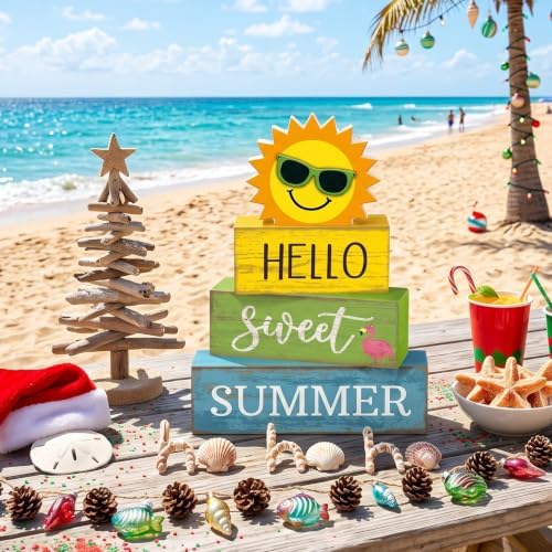 Yuntau 4 Pcs Summer Tiered Tray Decor Hello Sweet Summer Wood Block Signs - Image 2