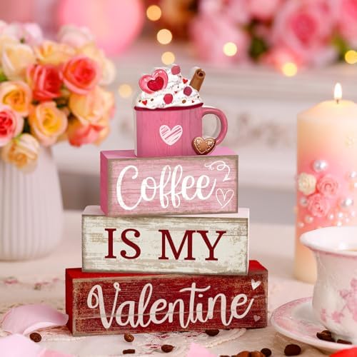 Lineshading 4 Pcs Valentine Coffee Wood Block Signs, Tiered Tray Decor - Image 3