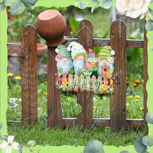 Barydat Spring Door Sign Tulip Gnome Wreath for Front Door Wreath Truck Gnome Welcome Hanger Wooded Hanging Wall Sign for Home Summer(Gnome) - Image 5