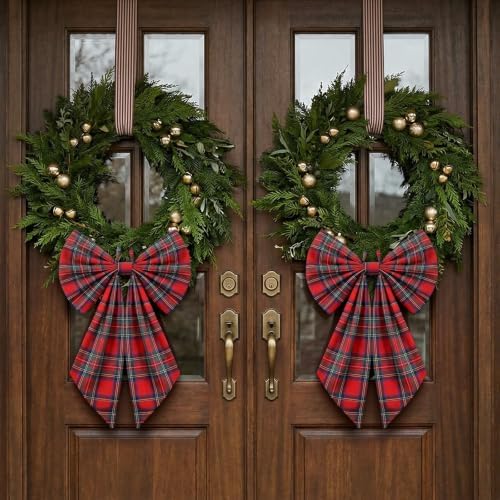 Suncalla 2 Pcs Red Green Christmas Tartan Plaid Wreath Bows 18'' x 12'' - Image 5