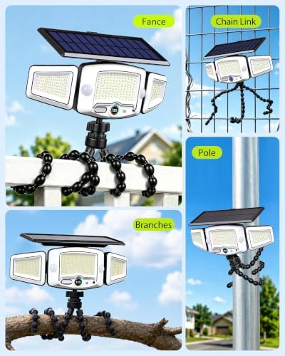 4000mAh Solar Motion Lights Outdoor with Octopus Mount, 2500LM 270° 3-Head Adjustable Solar Flood Lights with Digital Display & Remote, Dual PIR Sensor Security Lights for Fence Yard Patio Gazebo（1） - Image 6
