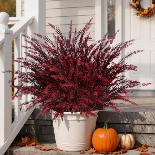 HyeFlora Artificial Fake Outdoor Plants for Fall Decoration, 8PCS Faux Wheat Grass Greenery Shurbs UV Resistant Fake Plant for Planter Home Garden Porch Window Box (Burgundy) by HyeFloraartificialflowers