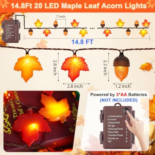 16.4FT 20 LED Fall Lights Battery Operated, Fall String Lights with 3D Acorns and 3D Maple Leaves LED Autumn Lights with Timer 8 Modes for Autumn Thanksgiving Indoor Outdoor Fall Decorations - Image 2