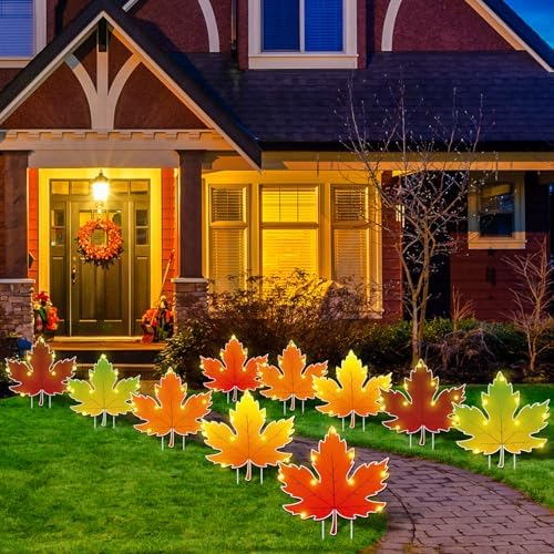 10 Pcs Lighted Maple Leaf Fall Thanksgiving Yard Sign Stake Decor - Image 5