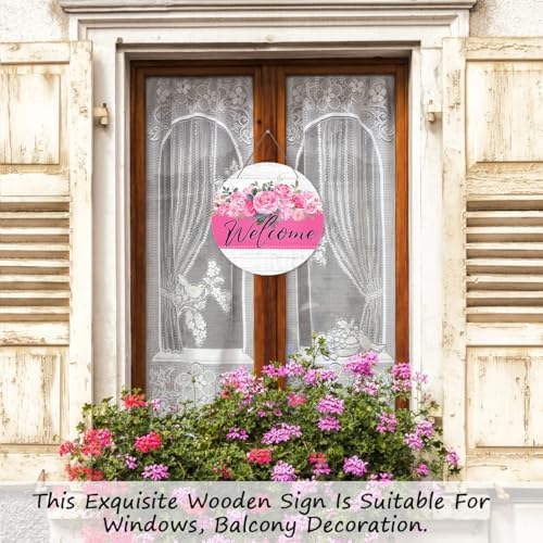 Welcome Door Sign, Flower Decor Wooden Sign Round Decorative Wall Plaque, Blush Pink Floral Welcome Sign for Front Door, Farmhouse Porch Yard Hanging Sign Outdoor Decorations -01 - Image 5