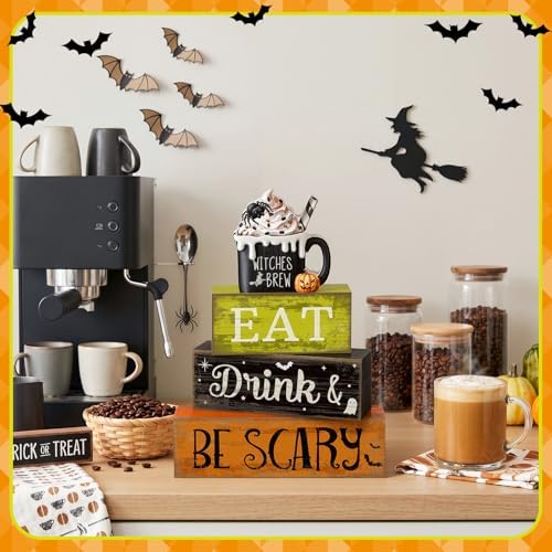 Lineshading 4 Pcs Halloween Wooden Block Signs, Eat Drink Be Scary Decor - Image 4