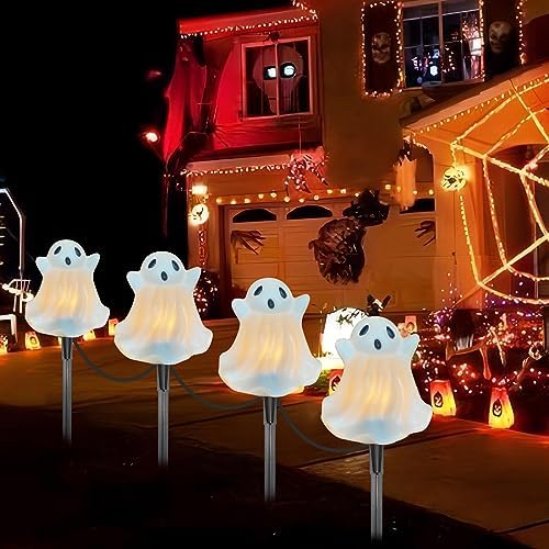 Oviejo Halloween Decorations - Set of 4 Ghost Pathway Stake Lights with C7 Clear Bulbs, 7Ft Waterproof Yard Stakes for Lawn Walkway Driveway Markers - Image 4
