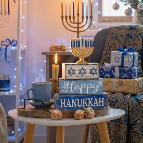 Lineshading 4 Pcs Hanukkah Decorations for Home Chanukah Table Decor Wooden Menorah Decoration Hanukkah Centerpiece Rustic Decorative Menorah Block Signs Gift Farmhouse Jewish New Year Decor for Home - Image 7