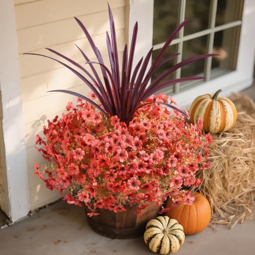Fall Flowers Artificial Mums for Outdoors Autumn Decor, 12 Bundles Orange Fake Fall Mums with 1 pcs Burgundy Orchid Leaf UV Resistant Look Real Faux Flowers for Outside Planter Home Porch Patio Yard - Image 2