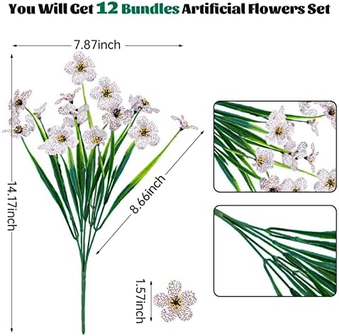 Lnoicy 12 Pcs Artificial Flowers for Outdoor,Plastic Flowers Decoration, UV Resistant Faux Flowers Shrubs, Artificial Plants for Indoor Outside Garden Home Wedding Farmhouse(White) - Image 2