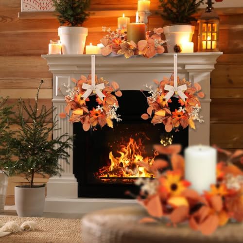 4 Pcs Fall Floral Wreaths Autumn Harvest Sunflowers Pumpkins Leaves Berries Hanging Candle Rings Mini Thanksgiving Table Centerpiece Wreath for Pillar Cabinets Farmhouse Decoration - Image 4