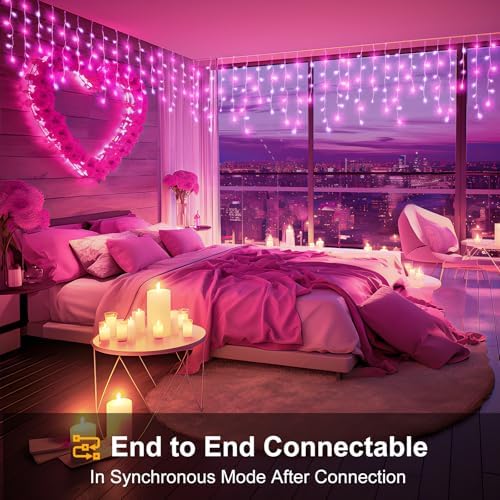 33ft Icicle Lights for Outside, Pink Christmas Lights Outdoor Waterproof for House, 400 LED Twinkle Light with 75 Drops Clear Wire Short Curtain Lights for Room Home Wall Indoor Decorations - Image 5