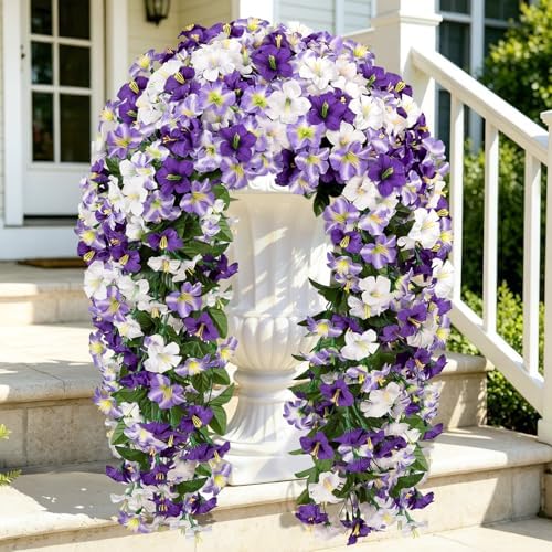 Artificial Hanging Flowers for Outdoors, 2 PCS 272 Blooms UV Resistant Morning Glory Faux Silk Vines, No-Odor Realistic Fake Plants for Garden Planter Porch Patio Decoration, White Purple by JulakoOnline