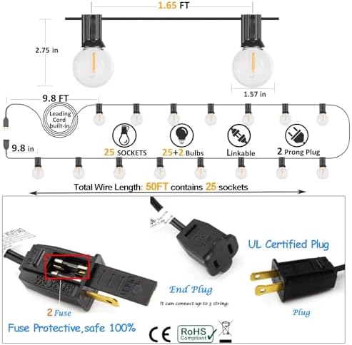 Outdoor String Lights 50FT G40 LED Globe Bulbs - Shatterproof, Connectable, Waterproof - 27 Bulbs (2 Extra), 25 E12 Hanging Lights for Patio, Bistro, Pergola, Gazebo - Image 2