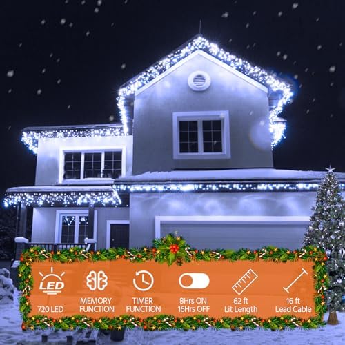 USOKYO Icicle Christmas Lights, 62FT LED Icicle String Lights with 144 Drops, Outdoor/Indoor Use, 8 Modes, Cool White - Image 4