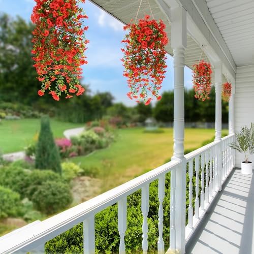 Sggvecsy Artificial Fake Hanging Flowers Plants for Outdoor Outside Spring Summer Decoration 2PCS Faux Silk UV Resistant Realistic Mums Daisy with Eucalyptus for Home Porch Patio Balcony(Red) - Image 5