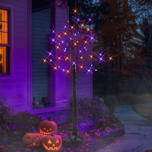 Dazzle Bright 2 Pack 4FT Halloween Lighted Up Birch Tree, Total 96 LED Purple and Orange Fairy Lights with Timer, Waterproof for Indoor Outdoor Home Party Halloween Decoration - Image 3