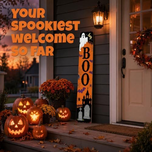 Hey Boo Halloween Ghost Porch Sign 47 Inch Rustic Vertical Welcome Sign Farmhouse Wooden Front Door Standing Decor with Bat Spider Graveyard Castle for Outdoor Indoor Halloween Decor - Image 3