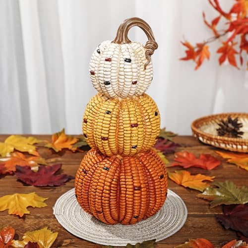 Briful Fall Stacked Corn Pumpkin Decoration – 10.6" Tall Resin Pumpkins Rustic Harvest Faux Pumpkin Decor for Thanksgiving Tabletop Centerpiece Outdoor Indoor Autumn Decor - Image 2
