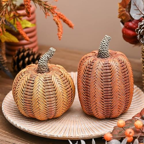 Valery Madelyn Thanksgiving Fall Decorations for Home, Fall Pumpkin Decor, 2pcs Resin Pumpkin Decorations Indoor, Pumpkins for Decorating, Autumn Table Decor, 5 inch by ValeryMadelyn