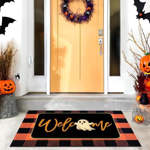 2 Pcs Halloween Door Mat Combo Set Ghost Welcome Doormat + 28" x 43" Orange and Black Buffalo Plaid Rug for Fall Thanksgiving Halloween Porch Entryway Indoor Outdoor Decor - Image 2