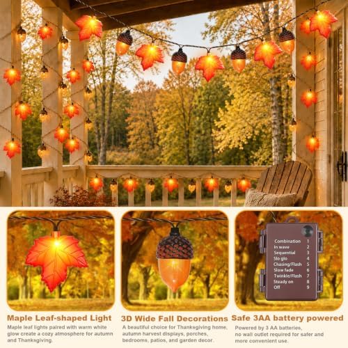 16.4FT Fall Lights Battery Operated, 20 LED Fall String Lights with 3D Acorns and 3D Maple Leaves LED Autumn Lights with Timer 8 Modes for Autumn Thanksgiving Indoor Outdoor Fall Decorations - Image 5