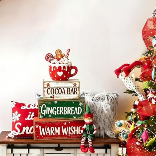 4 Pcs Cocoa Bar Christmas Tiered Tray Decor, Rustic Distressed Stacked Wood Block Signs, 3D Hot Cocoa Mug Gingerbread Man Topper Winter Table Centerpiece, Farmhouse Mantel Coffee‑Bar Xmas Home Decor - Image 2