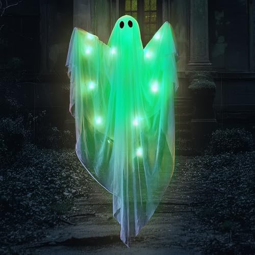 JOYIN Halloween Hanging Light up Ghost, 47" White Ghosts with Green LED Light and Timer Halloween Hanging Decoration Waterproof for Front Yard Patio LawnGarden Party Decor Indoor Outdoor - Image 7