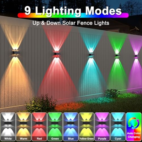 LANSOW Solar Fence Lights Outdoor, 12 Pack Solar Powered Lights Waterproof, 9 Modes Warm/Cool White RGB Up-Down Led Spot Wall Lights Dusk to Dawn Decor for Backyard, Deck, Patio, Pool, Railing(Black) - Image 2