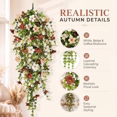 6 Pcs Fall Artificial Hanging Flowers Outdoor, Cream - Image 3