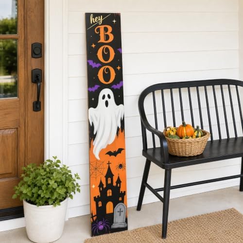 Hey Boo Vertical Halloween Wooden Porch Sign, Spooky Ghost Bat Haunted House Hanging Welcome Sign, Tall Halloween Front Door Decor for Indoor Outdoor Farmhouse Wall Lean Sign by DOUSUI