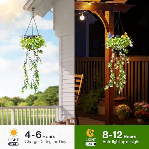 Solar Hanging Garden Lights, 2 Pack 66 LED Outdoor Lights with Realistic Milan Grass & White Flowers, IP65 Waterproof Solar Lanterns for Patio, Porch, Fence, Pergola & Backyard Decor, Auto On/Off - Image 3