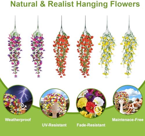 Artificial Hanging Flowers for Outdoors, 6 PCS 414 Blooms Ultra Full Morning Glory Vines, UV Resistant Faux Silk Hanging Plants for Porch Window Box Patio Garden Decor, Mixed - Image 4
