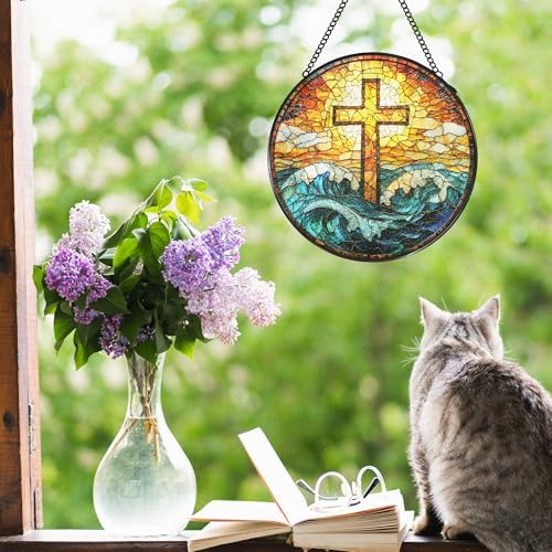 Coastal Beach Cross Stained Glass Window Hanging Suncatcher, Christian Ocean Wave Sun Catcher Indoor Window Decor Gifts, Religious Painted Glass Round Wall Hanging Decorations 7.8x7.8 in - Image 2