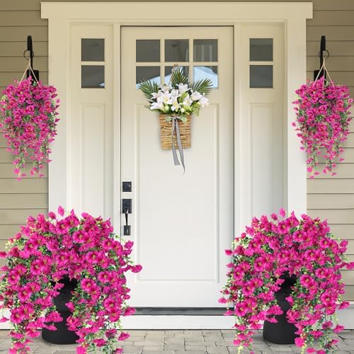 Sggvecsy Artificial Fake Hanging Flowers Plants for Outdoor Outside Spring Summer Decoration 2PCS Faux Silk UV Resistant Realistic Morning Glory with Eucalyptus for Home Porch Patio Balcony(Magenta) - Image 2